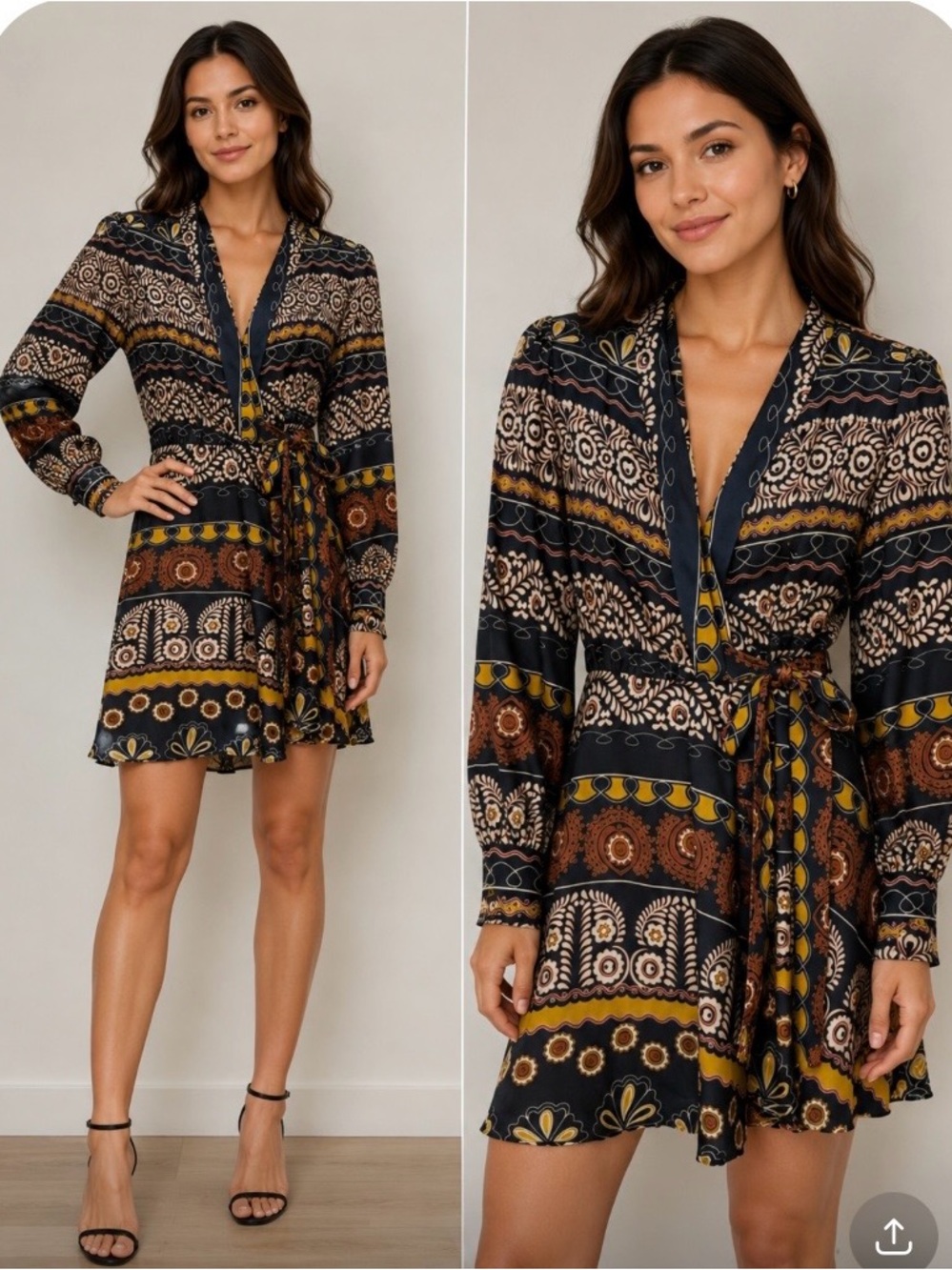 Chelsea & Violet Black and Brown Printed Mini Wrap Dress